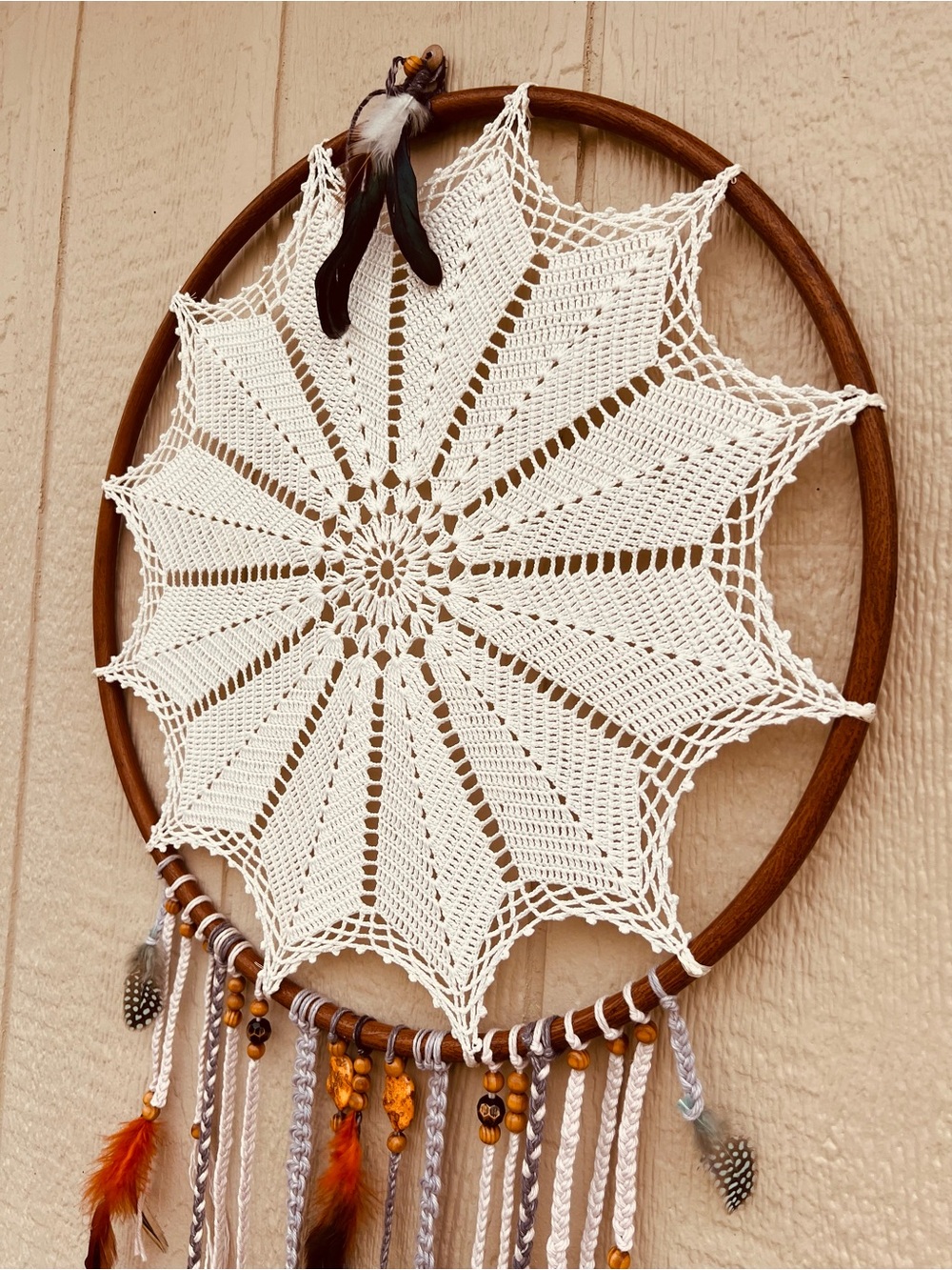 Handmade White Crochet Dreamcatcher Wall Hanging with Brown Hoop Boho Western